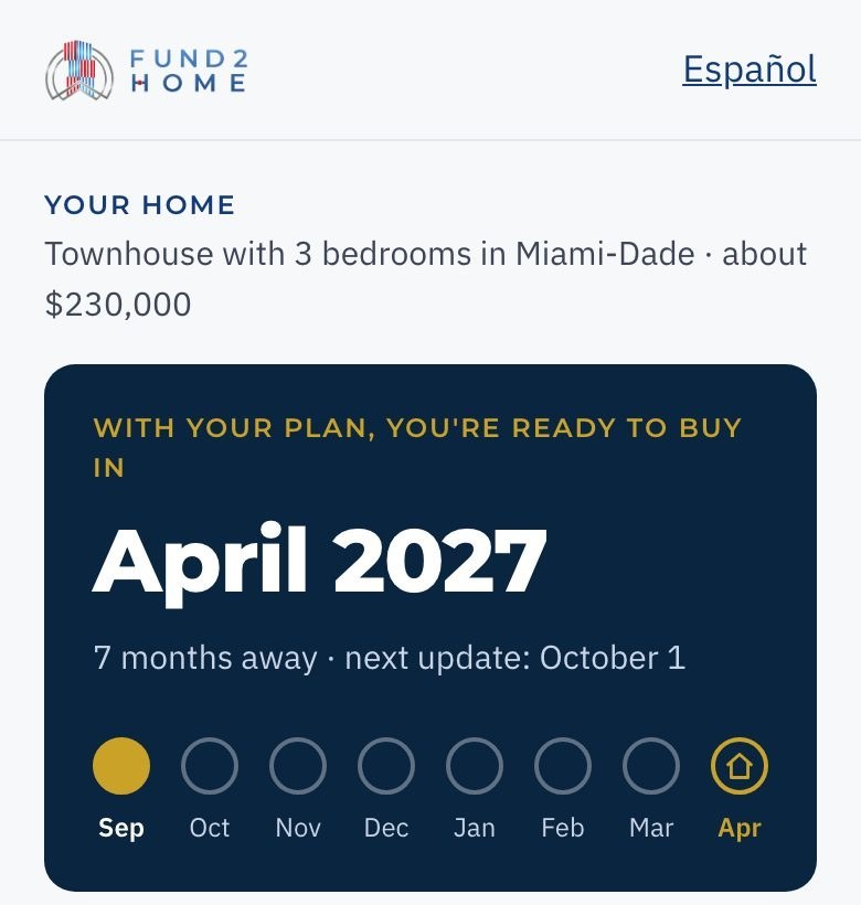 Fund2Home app dashboard with the estimated date to buy