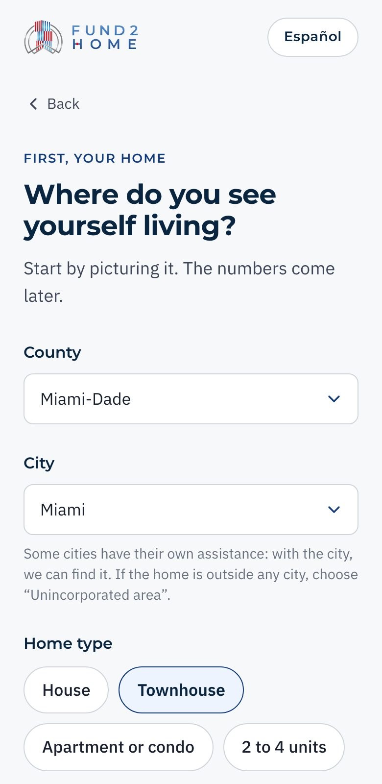 Fund2Home app screen where you start with the home you want