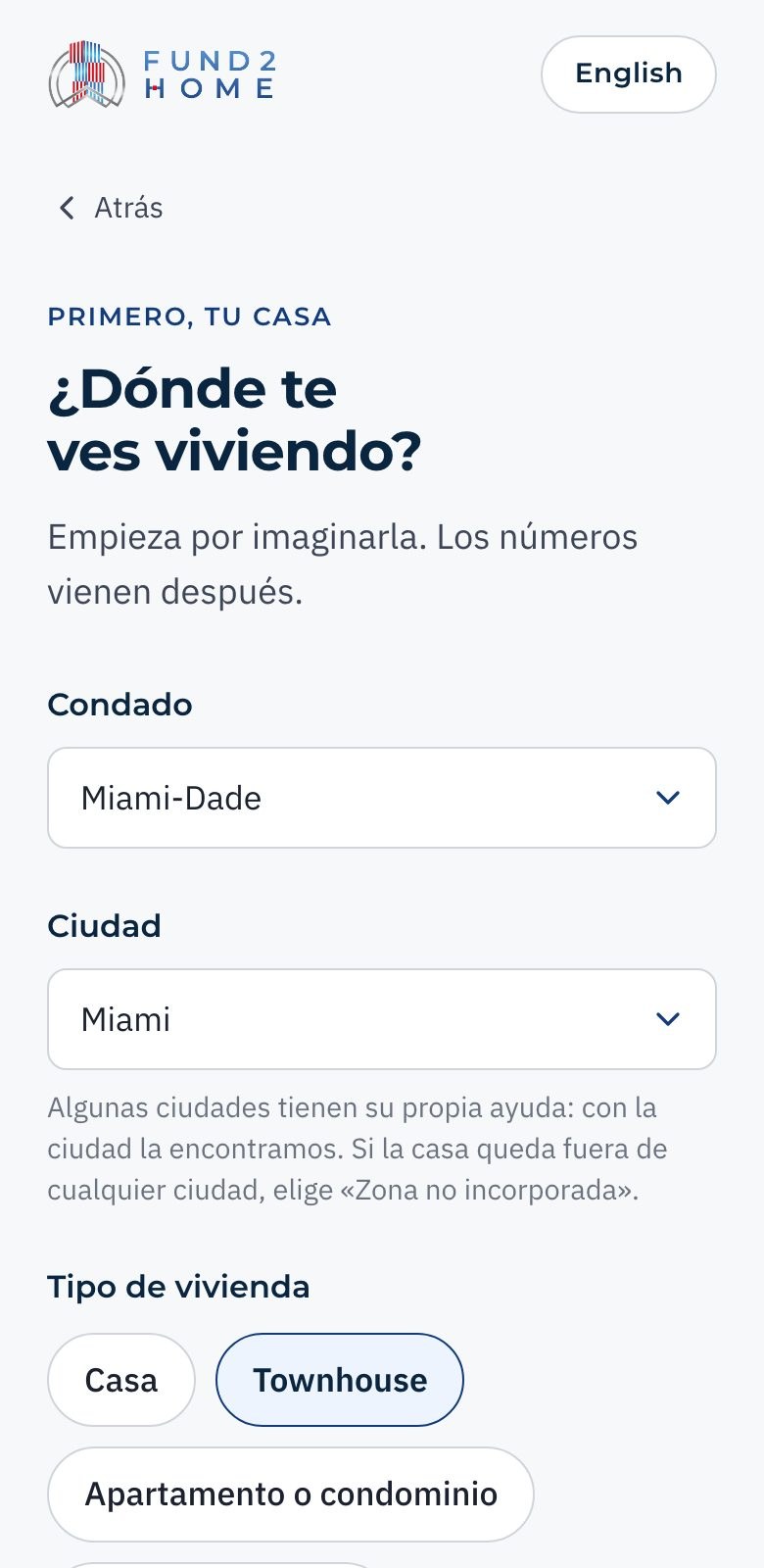 Pantalla de la aplicación Fund2Home donde empiezas por la casa que quieres