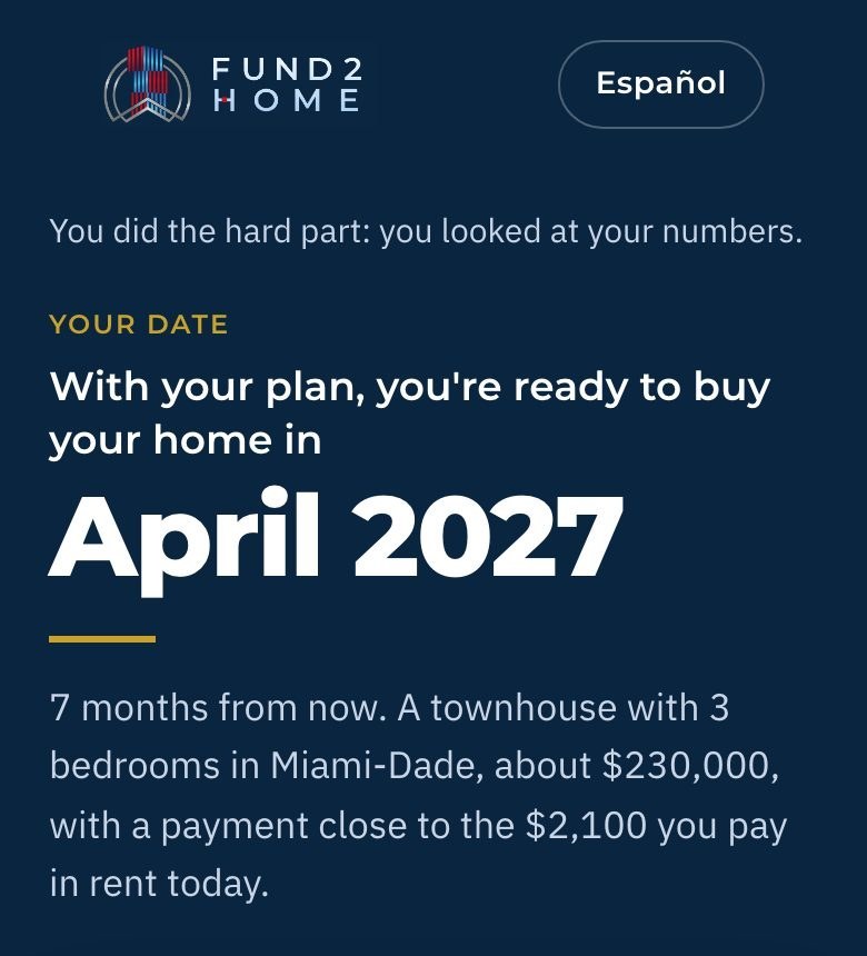 Fund2Home app screen: the estimated month you may be ready to buy
