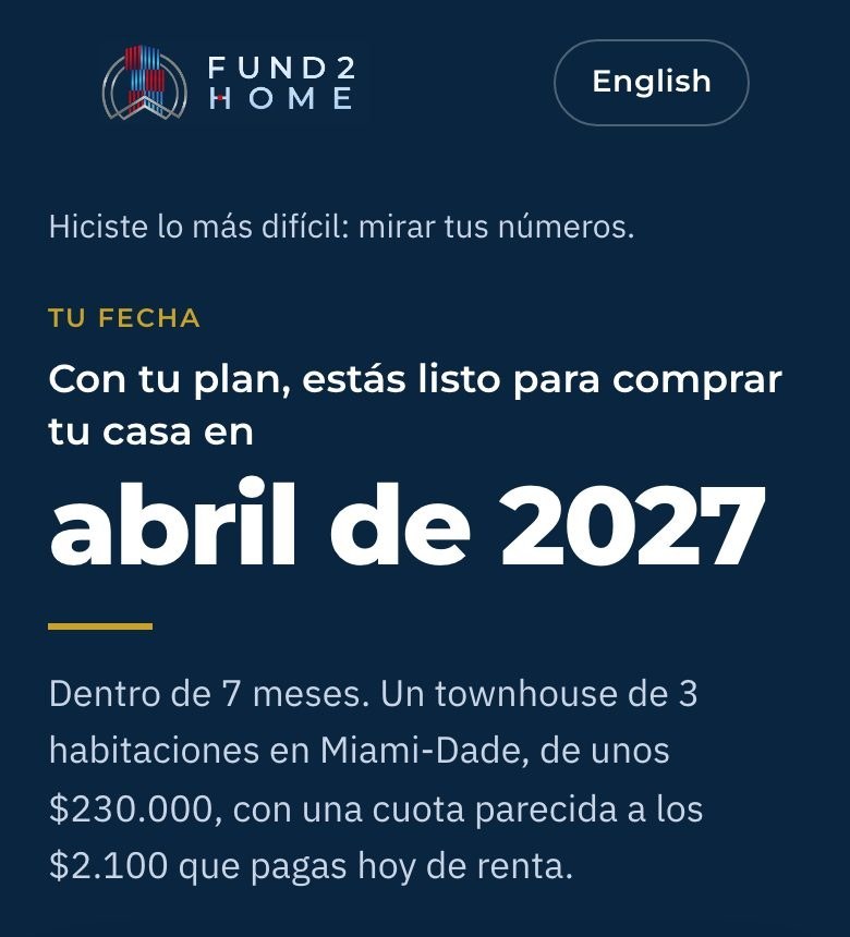 Pantalla de la aplicación Fund2Home: el mes estimado en que podrías estar listo para comprar